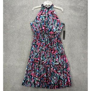 Nicole Miller Dress Women Large‎ Pink Green Floral Halter Sleeveless Pleated